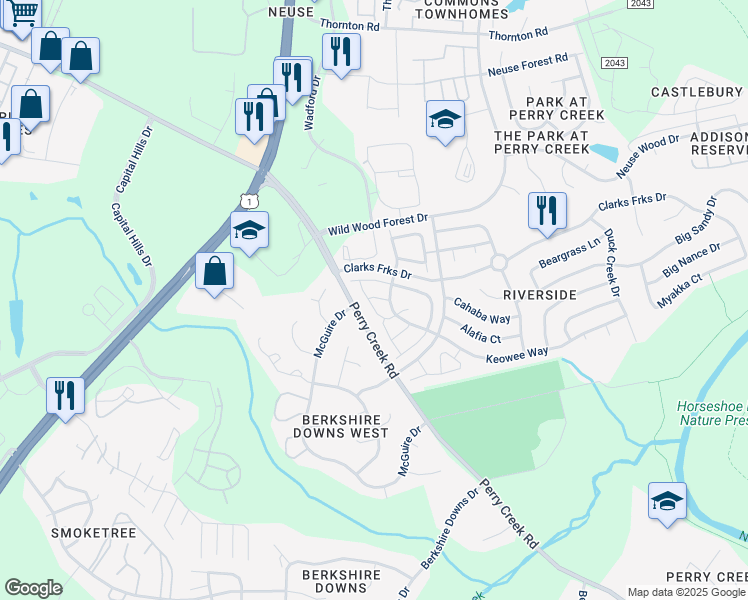 map of restaurants, bars, coffee shops, grocery stores, and more near 5103 Obion Court in Raleigh