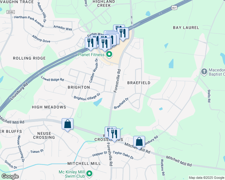 map of restaurants, bars, coffee shops, grocery stores, and more near 8108 Inverbrass Court in Raleigh