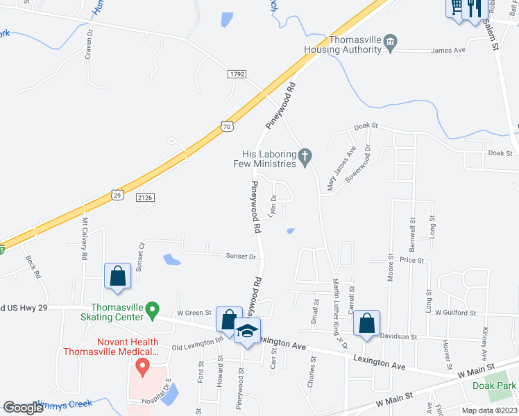 map of restaurants, bars, coffee shops, grocery stores, and more near 414 Pineywood Road in Thomasville