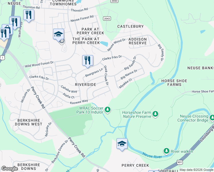 map of restaurants, bars, coffee shops, grocery stores, and more near 5725 Apalachicula Drive in Raleigh
