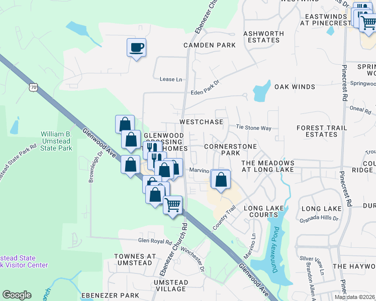 map of restaurants, bars, coffee shops, grocery stores, and more near 8303 Martello Lane in Raleigh