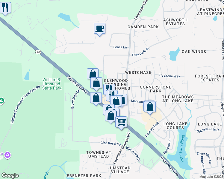 map of restaurants, bars, coffee shops, grocery stores, and more near 8702 Braxwood Place in Raleigh