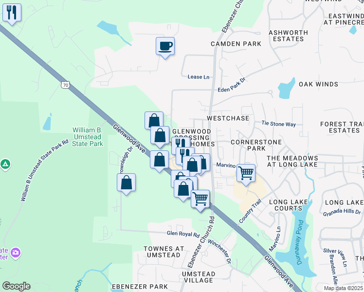 map of restaurants, bars, coffee shops, grocery stores, and more near 8303 Deckbar Place in Raleigh