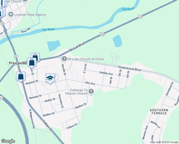 map of restaurants, bars, coffee shops, grocery stores, and more near 200 Geddie Avenue in Princeville