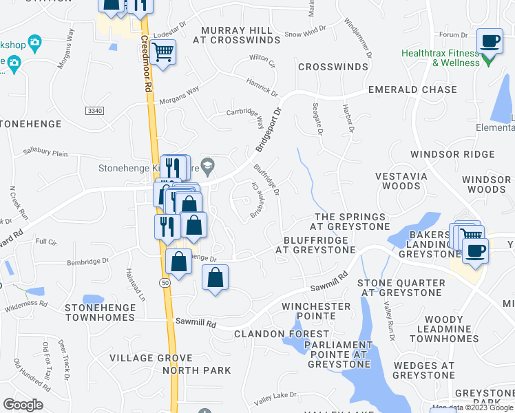 map of restaurants, bars, coffee shops, grocery stores, and more near 2208 Brisbayne Circle in Raleigh