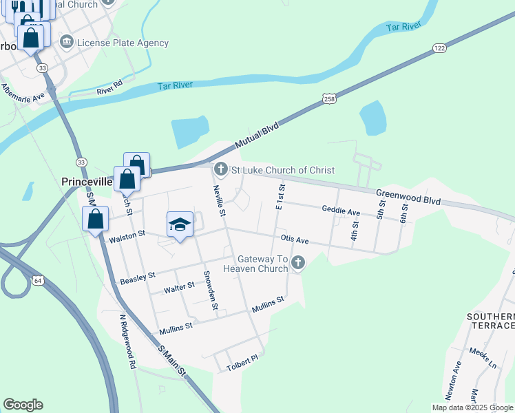 map of restaurants, bars, coffee shops, grocery stores, and more near 111 Lowes Court in Princeville