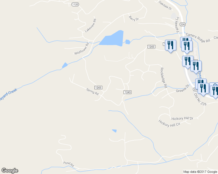 map of restaurants, bars, coffee shops, grocery stores, and more near 58 Ridgeview Road in Spruce Pine