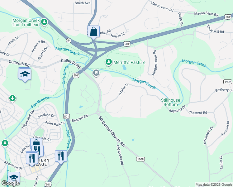 map of restaurants, bars, coffee shops, grocery stores, and more near 315 Azalea Drive in Chapel Hill