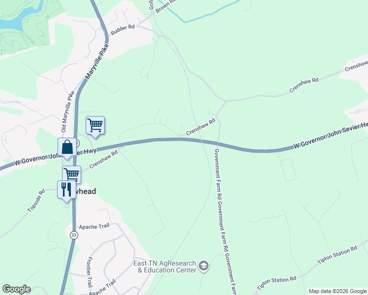 map of restaurants, bars, coffee shops, grocery stores, and more near 2513 Crenshaw Road in Knoxville