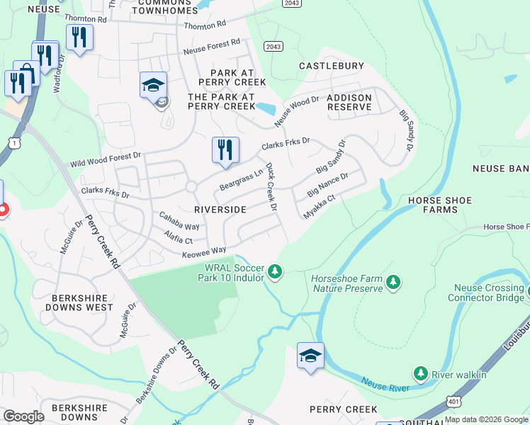 map of restaurants, bars, coffee shops, grocery stores, and more near 5717 Apalachicula Drive in Raleigh