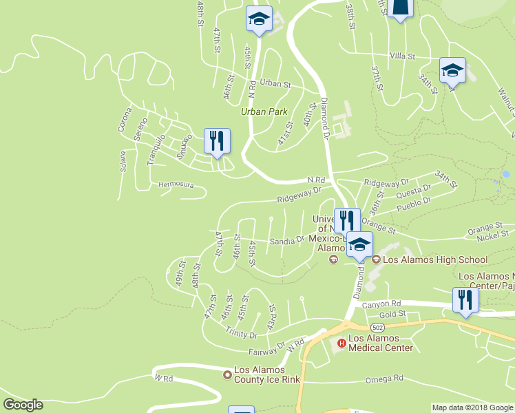 map of restaurants, bars, coffee shops, grocery stores, and more near 4501 Ridgeway Drive in Los Alamos