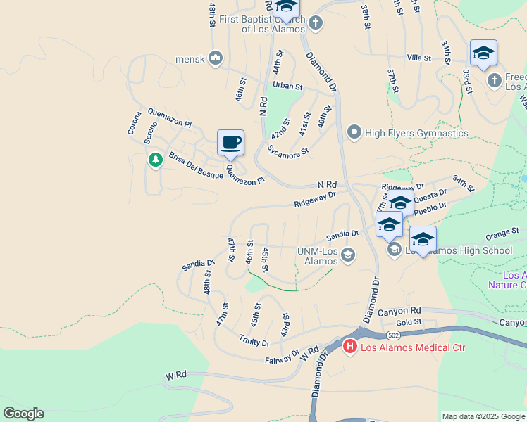 map of restaurants, bars, coffee shops, grocery stores, and more near 4501 Ridgeway Drive in Los Alamos