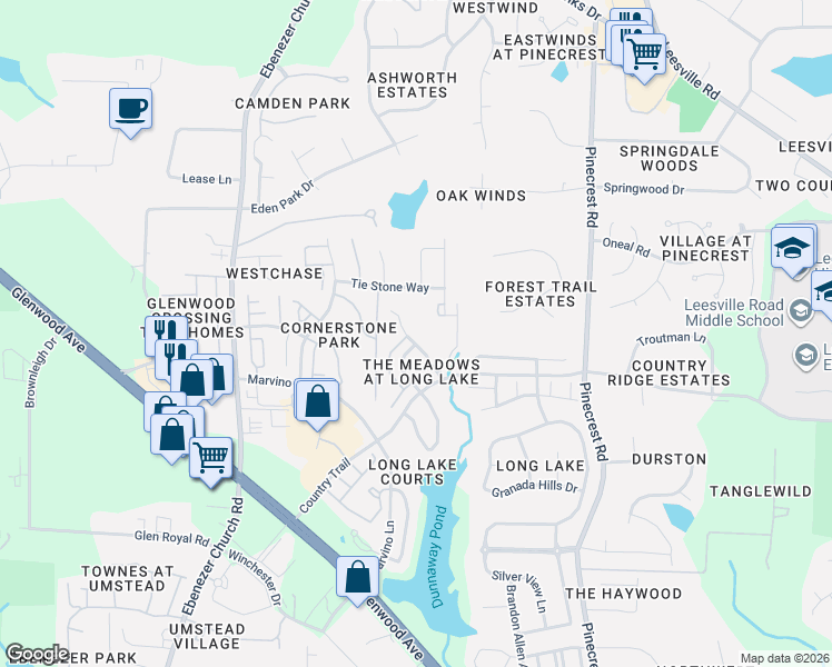 map of restaurants, bars, coffee shops, grocery stores, and more near 5511 Amanda Lynn Lane in Raleigh