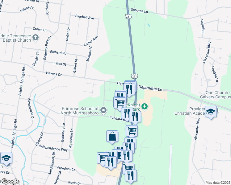 map of restaurants, bars, coffee shops, grocery stores, and more near 205 Haynes Drive in Murfreesboro
