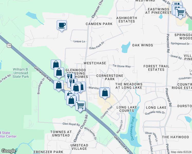 map of restaurants, bars, coffee shops, grocery stores, and more near 8217 Shadow Stone Court in Raleigh