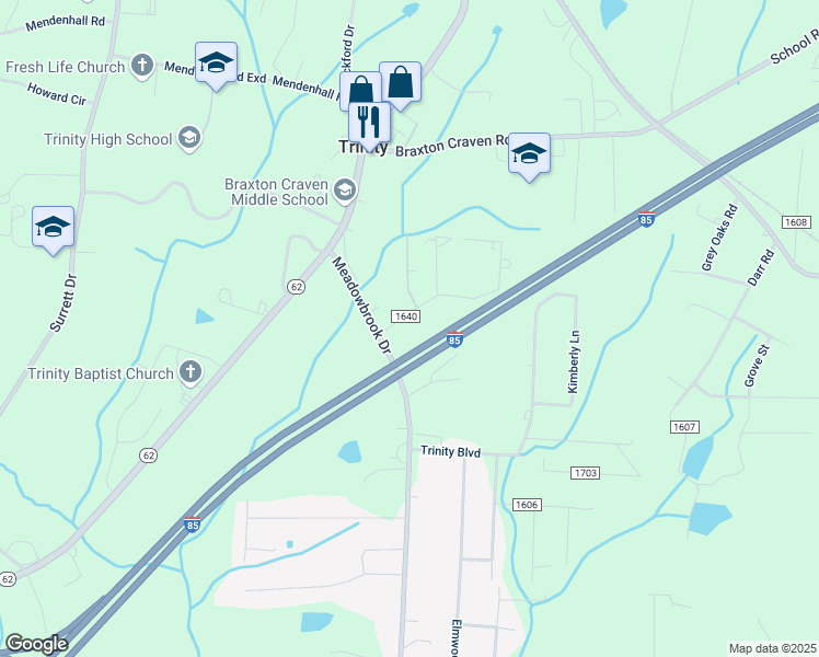 map of restaurants, bars, coffee shops, grocery stores, and more near 5240 Ridge Drive in Trinity