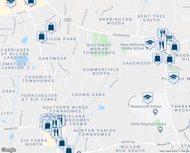 map of restaurants, bars, coffee shops, grocery stores, and more near 8104 Old Deer Trail in Raleigh
