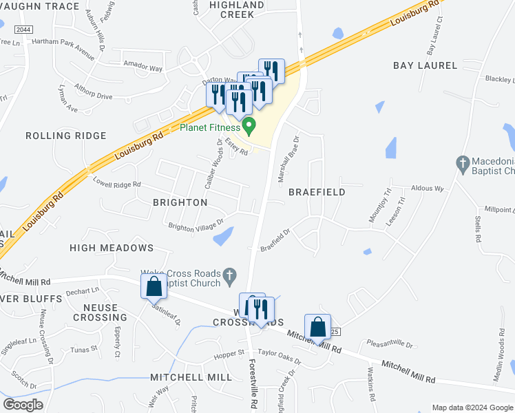 map of restaurants, bars, coffee shops, grocery stores, and more near 8112 Inverbrass Court in Raleigh