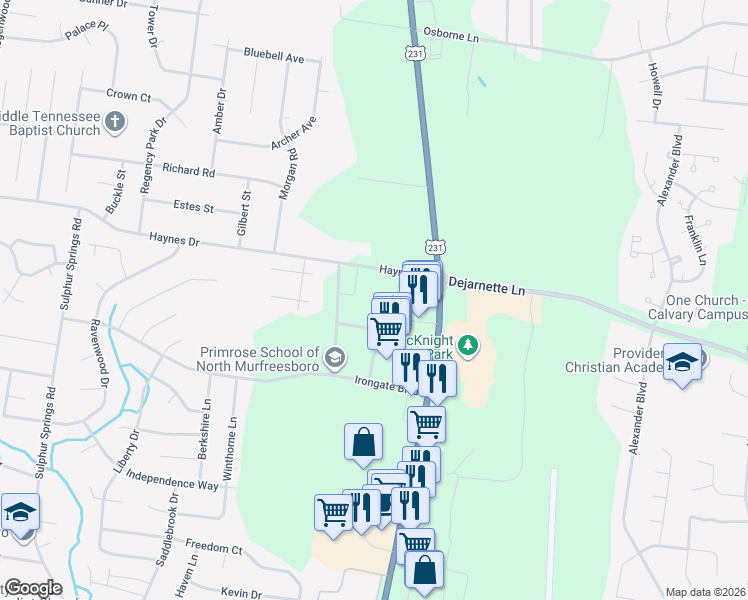 map of restaurants, bars, coffee shops, grocery stores, and more near 205 Haynes Drive in Murfreesboro