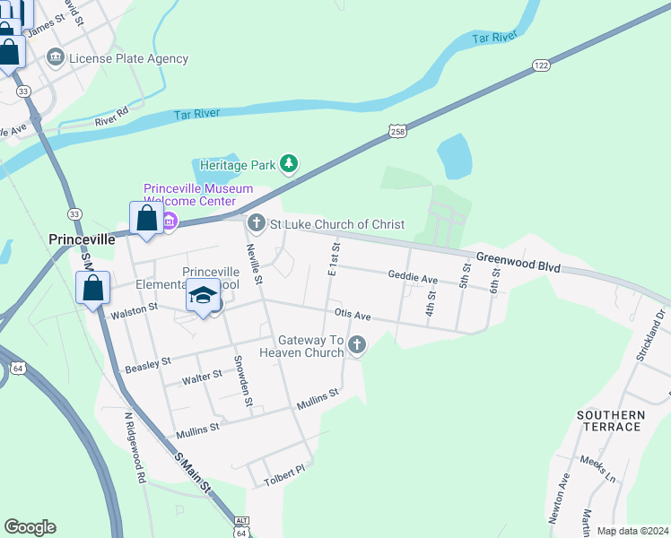 map of restaurants, bars, coffee shops, grocery stores, and more near 200 Geddie Avenue in Princeville