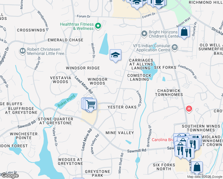 map of restaurants, bars, coffee shops, grocery stores, and more near 8000 Shillingstone Place in Raleigh