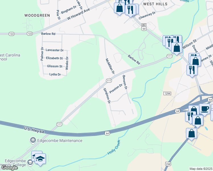 map of restaurants, bars, coffee shops, grocery stores, and more near 1719 West Wilson Street in Tarboro