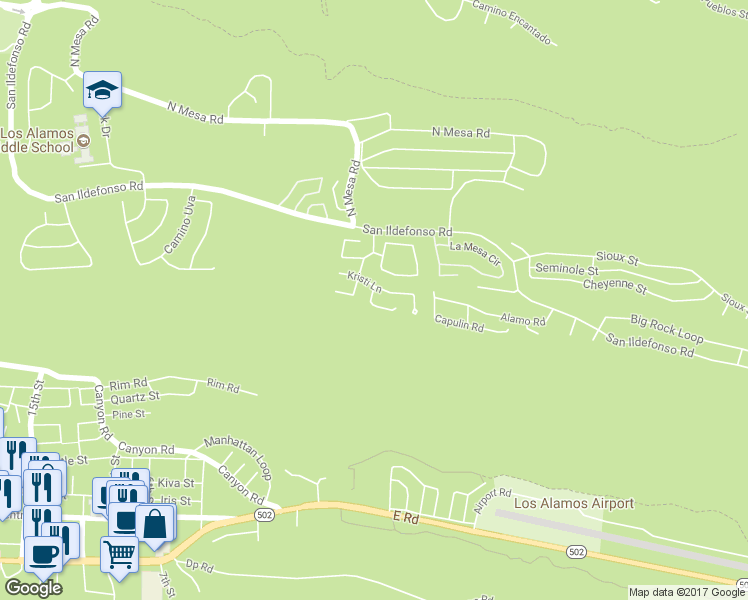 map of restaurants, bars, coffee shops, grocery stores, and more near 1852 Mountain View Place in Los Alamos