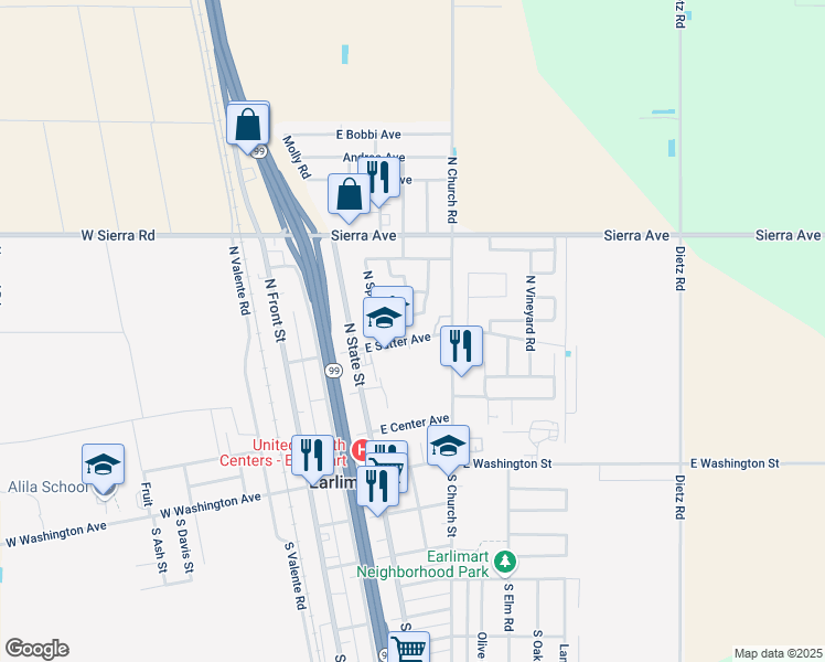 map of restaurants, bars, coffee shops, grocery stores, and more near 729 East Bent Ranch Avenue in Earlimart