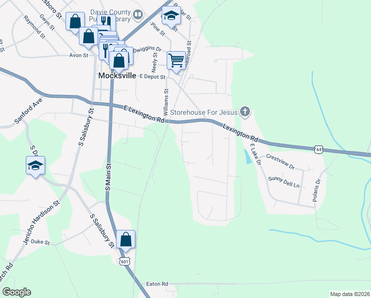 map of restaurants, bars, coffee shops, grocery stores, and more near 228 Mill Street in Mocksville