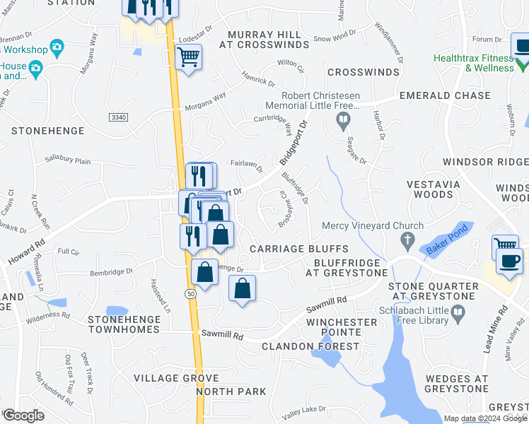 map of restaurants, bars, coffee shops, grocery stores, and more near 2221 Middlefield Court in Raleigh