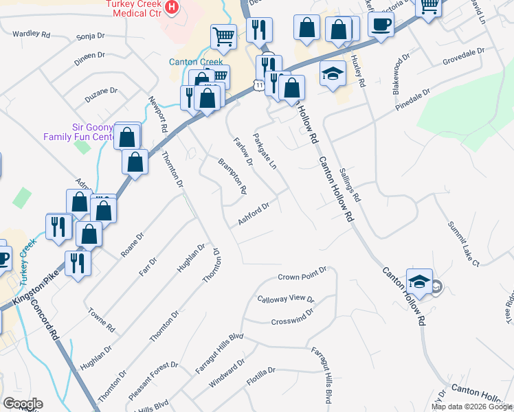 map of restaurants, bars, coffee shops, grocery stores, and more near 10809 Ashford Drive in Knoxville