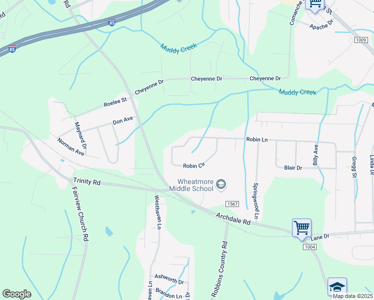 map of restaurants, bars, coffee shops, grocery stores, and more near 472 Robin Lane in Archdale