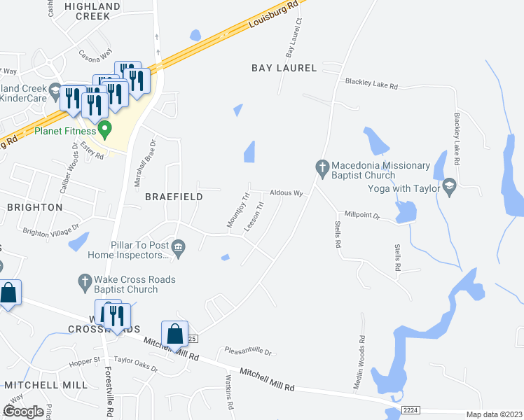 map of restaurants, bars, coffee shops, grocery stores, and more near 3932 Leeson Trail in Raleigh