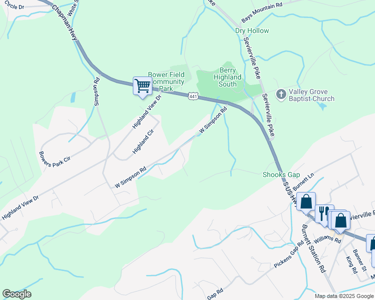 map of restaurants, bars, coffee shops, grocery stores, and more near 8911 West Simpson Road in Knoxville