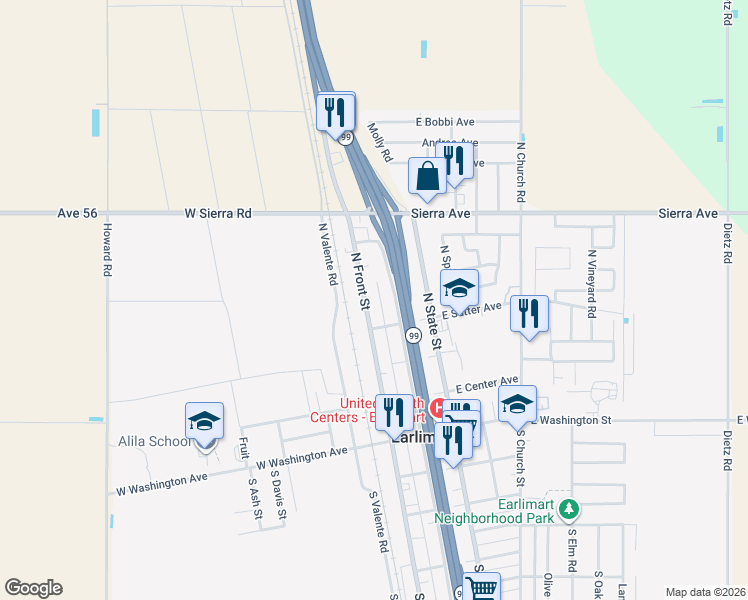 map of restaurants, bars, coffee shops, grocery stores, and more near 595 North Market Avenue in Earlimart