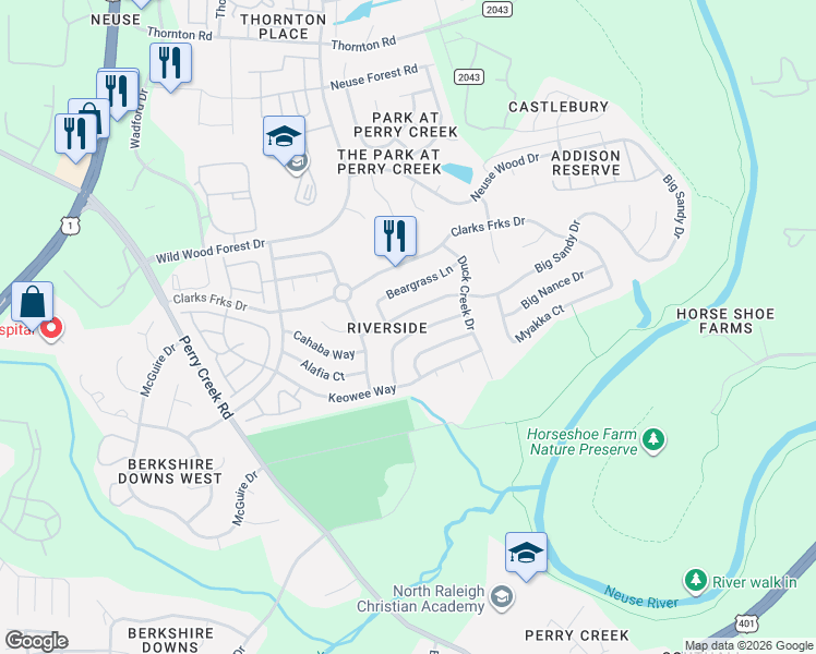 map of restaurants, bars, coffee shops, grocery stores, and more near 5616 Big Sandy Drive in Raleigh