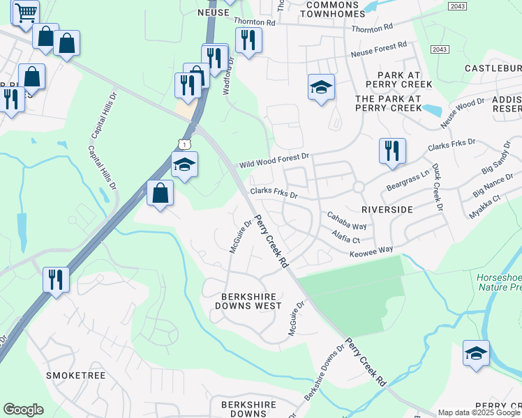 map of restaurants, bars, coffee shops, grocery stores, and more near 5105 Obion Court in Raleigh