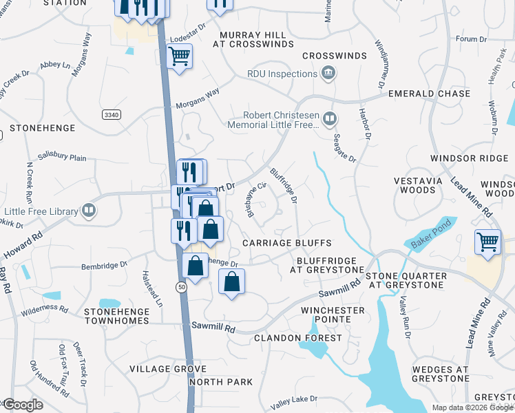 map of restaurants, bars, coffee shops, grocery stores, and more near 2221 Middlefield Court in Raleigh