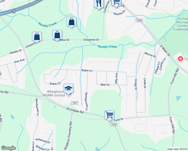 map of restaurants, bars, coffee shops, grocery stores, and more near 319 Blair Dr in Archdale
