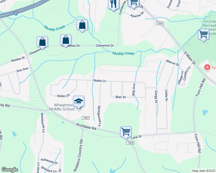map of restaurants, bars, coffee shops, grocery stores, and more near 319 Blair Dr in Archdale
