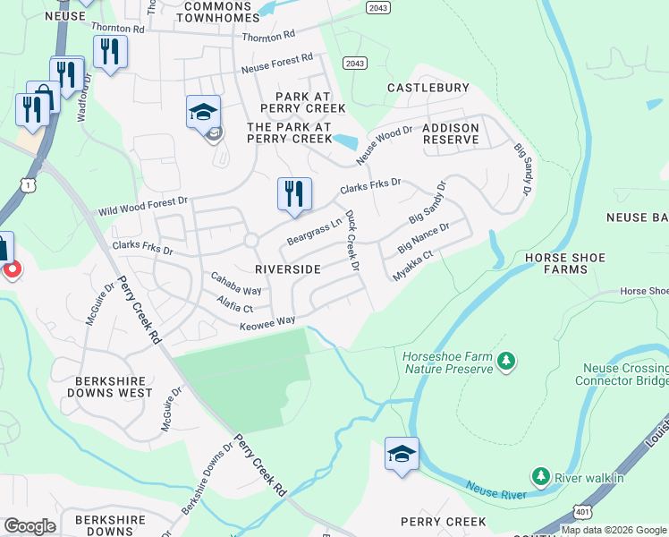 map of restaurants, bars, coffee shops, grocery stores, and more near 5712 Enoree Lane in Raleigh