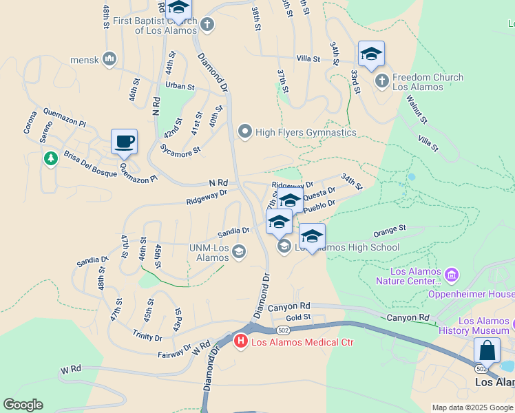 map of restaurants, bars, coffee shops, grocery stores, and more near 1663 39th Street in Los Alamos