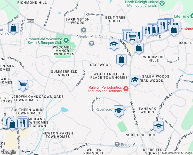 map of restaurants, bars, coffee shops, grocery stores, and more near 522 Weathergreen Drive in Raleigh