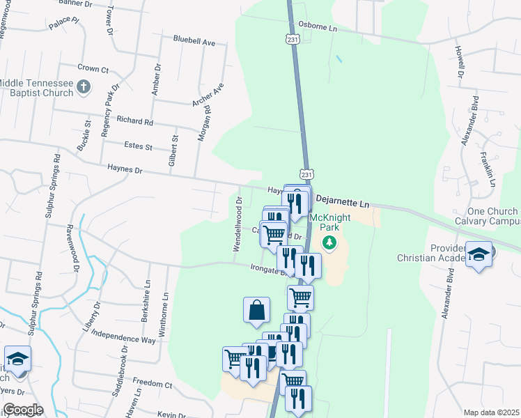 map of restaurants, bars, coffee shops, grocery stores, and more near 205 Haynes Drive in Murfreesboro