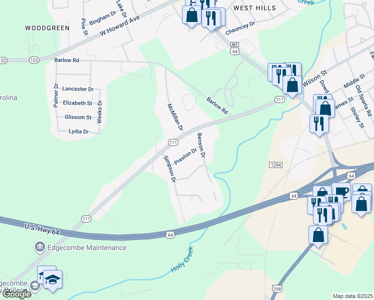 map of restaurants, bars, coffee shops, grocery stores, and more near 1706 Preston Drive in Tarboro
