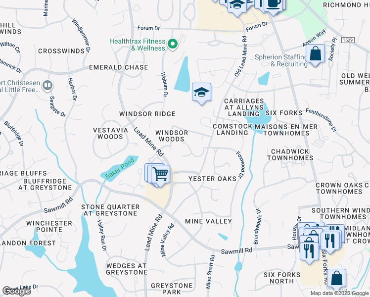map of restaurants, bars, coffee shops, grocery stores, and more near 8012 Grey Oak Drive in Raleigh