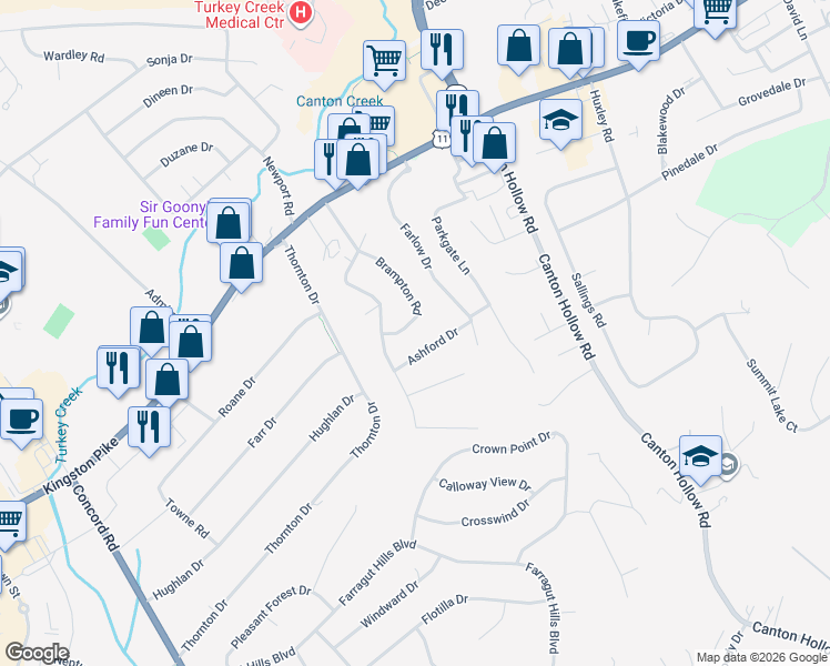 map of restaurants, bars, coffee shops, grocery stores, and more near 10809 Ashford Drive in Knoxville