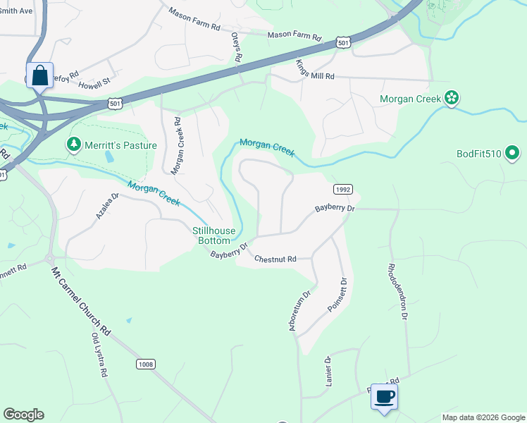 map of restaurants, bars, coffee shops, grocery stores, and more near 1406 Gray Bluff Trail in Chapel Hill