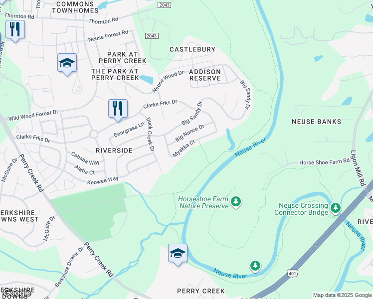 map of restaurants, bars, coffee shops, grocery stores, and more near 5930 Myakka Ct in Raleigh