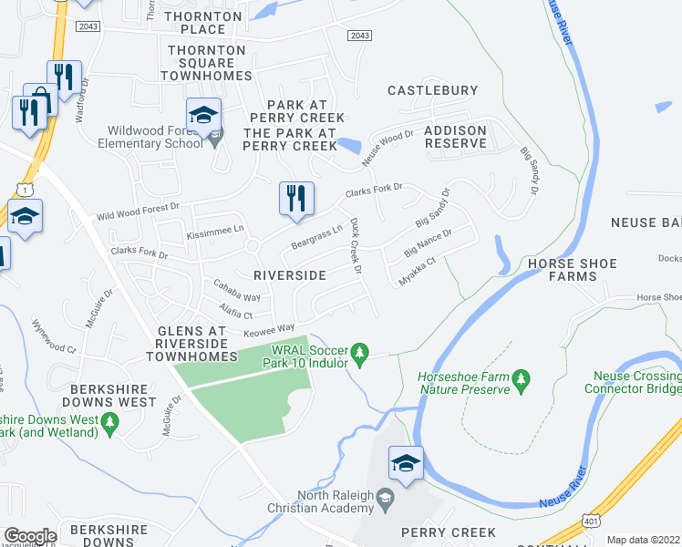 map of restaurants, bars, coffee shops, grocery stores, and more near 5728 Enoree Lane in Raleigh